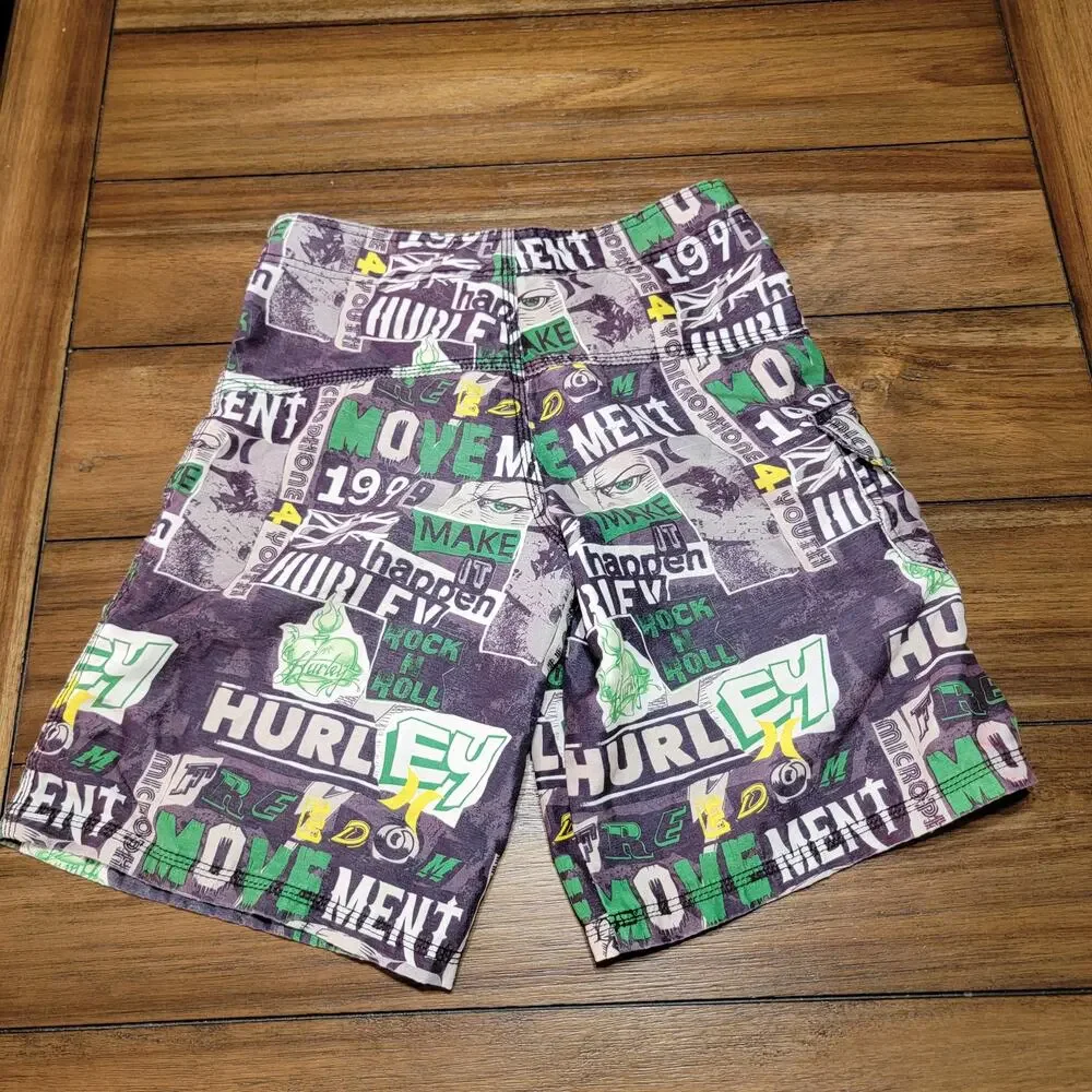Hurley 1999 Green B&W Graphic Boys Board Shorts - Size 14